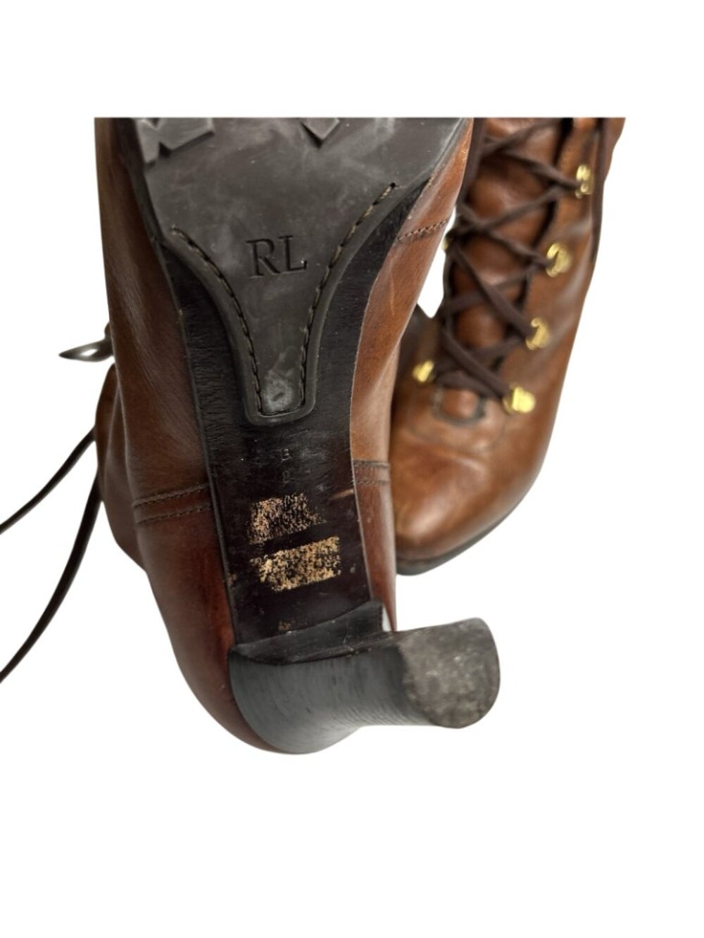 Ralph Lauren Collection 8B Brown Leather Lace Up Knee High Boots Buckle Heels - Picture 12 of 16